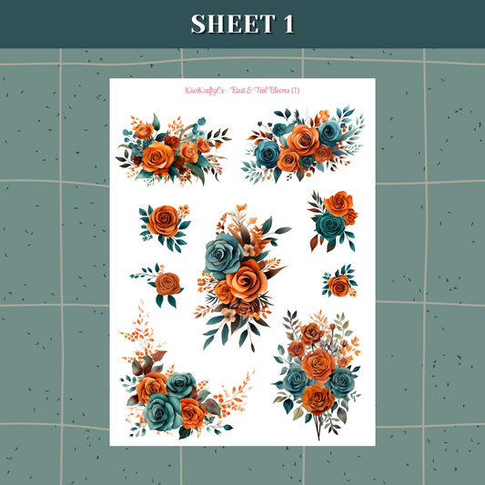 Rust & Teal Blooms PHYSICAL Sticker Kit - Standard Size