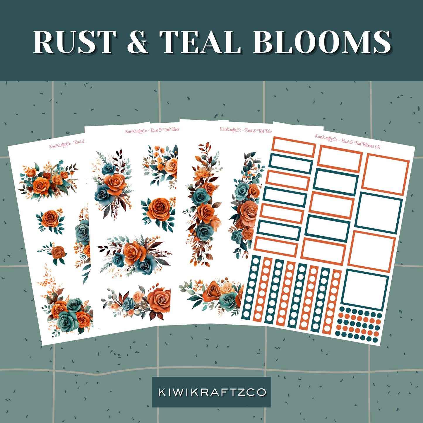 Rust & Teal Blooms PHYSICAL Sticker Kit - Standard Size