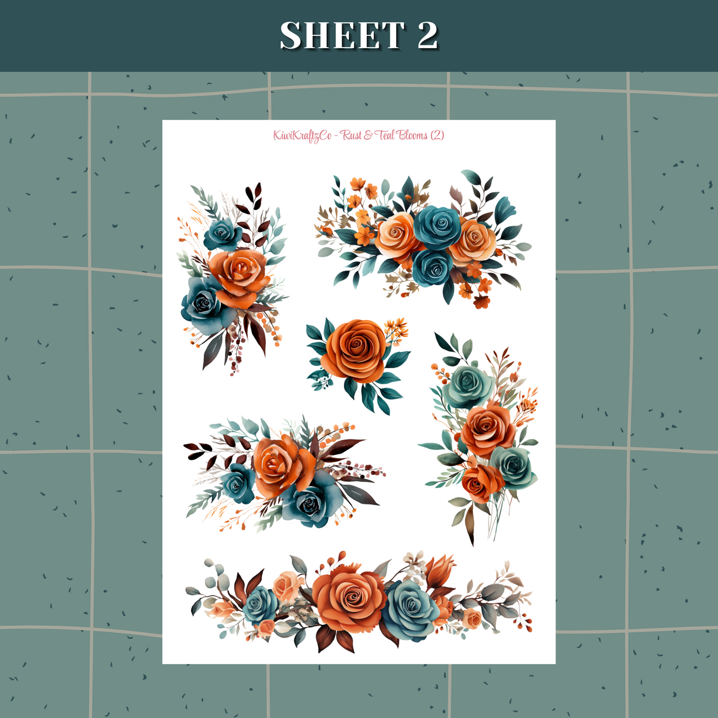 Rust & Teal Blooms PHYSICAL Sticker Kit - Standard Size