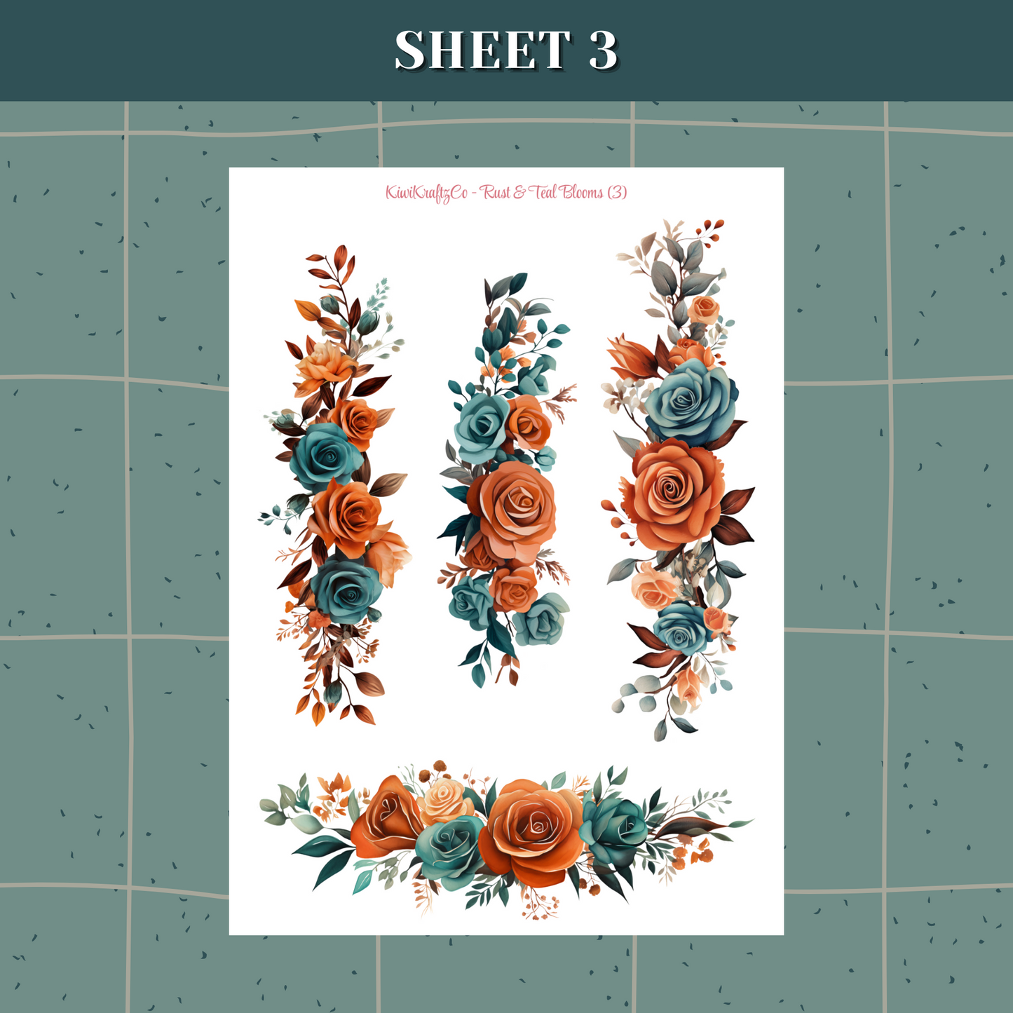 Rust & Teal Blooms PHYSICAL Sticker Kit - Standard Size