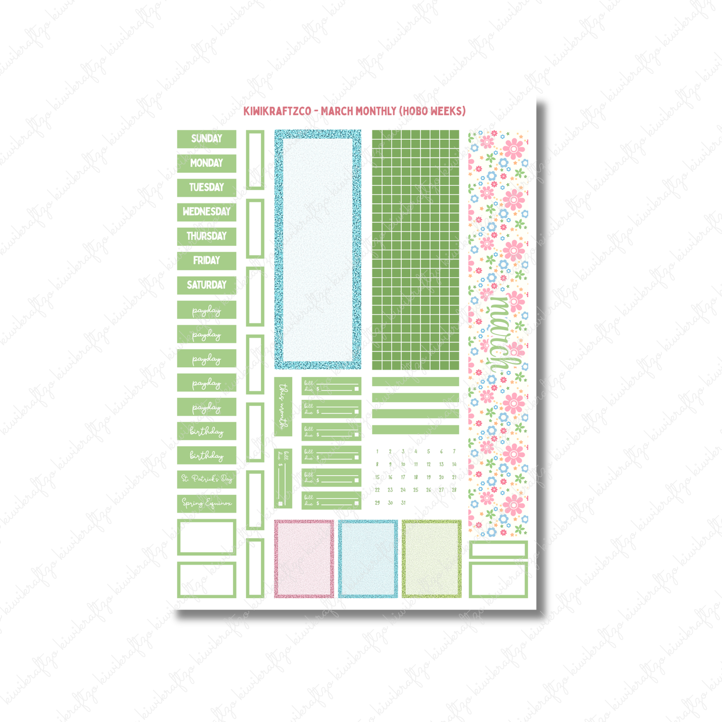 March Monthly Sticker Kit - Hobo Weeks